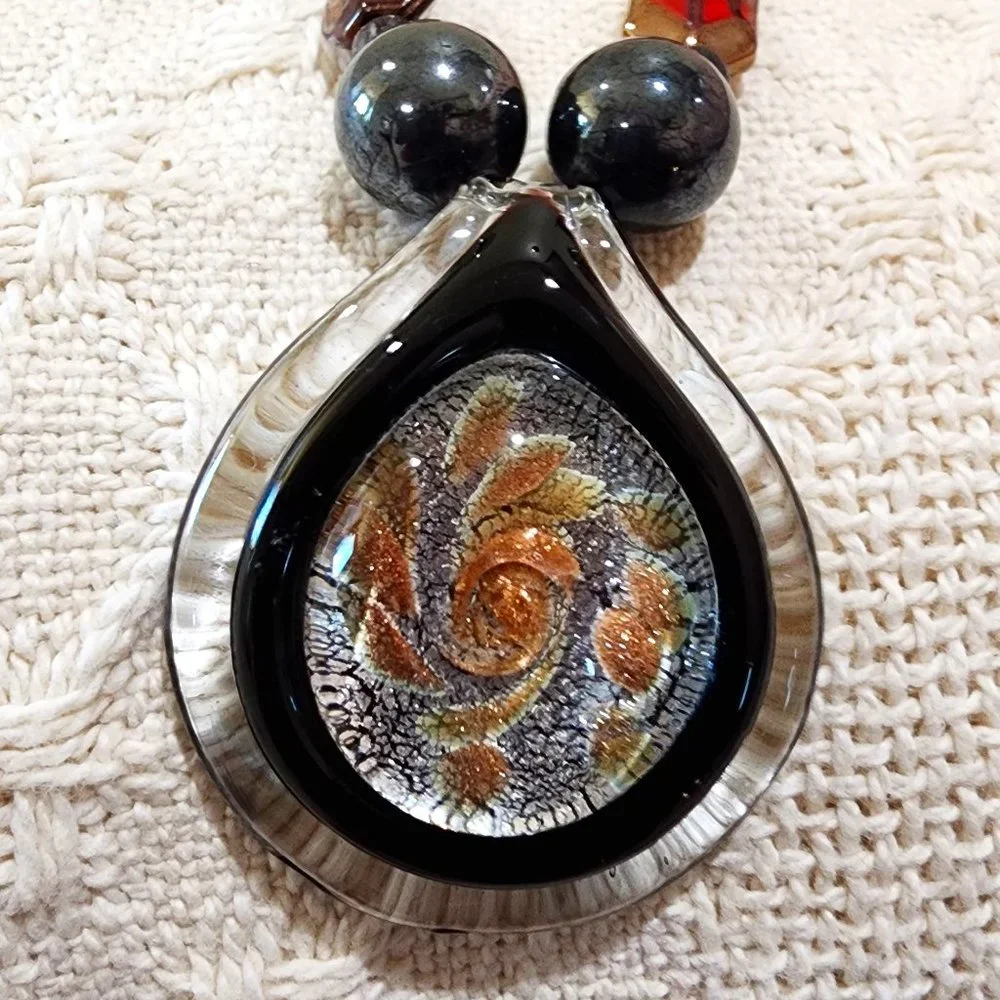 Artisan BOHO Earth Tone Large Blown Glass Swirl Pendant Beaded Long Necklace